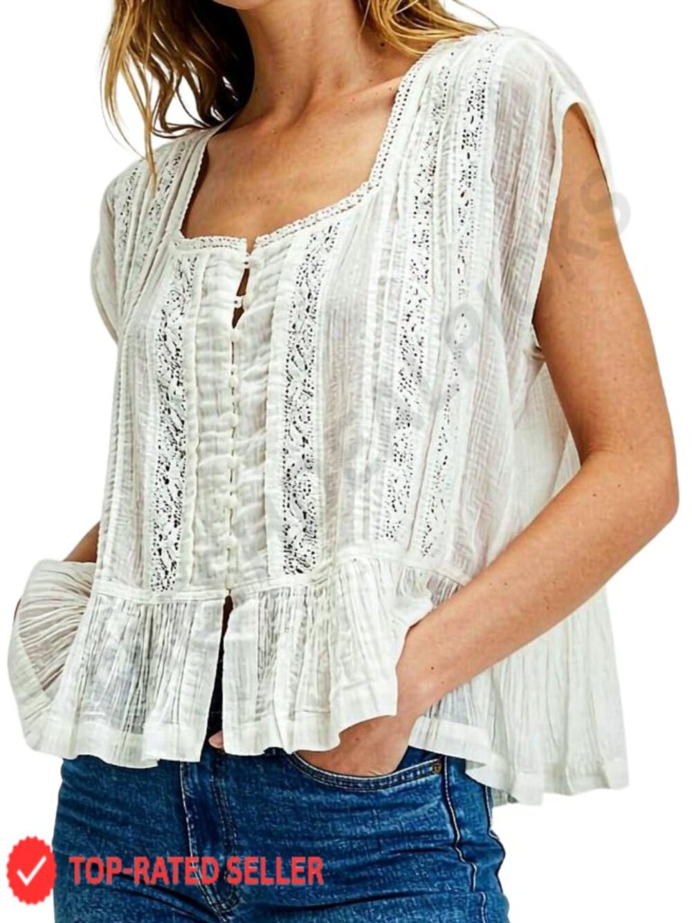 Boho Lace Eyelet Babydoll Blouse Sheer Flowy Peasant Top